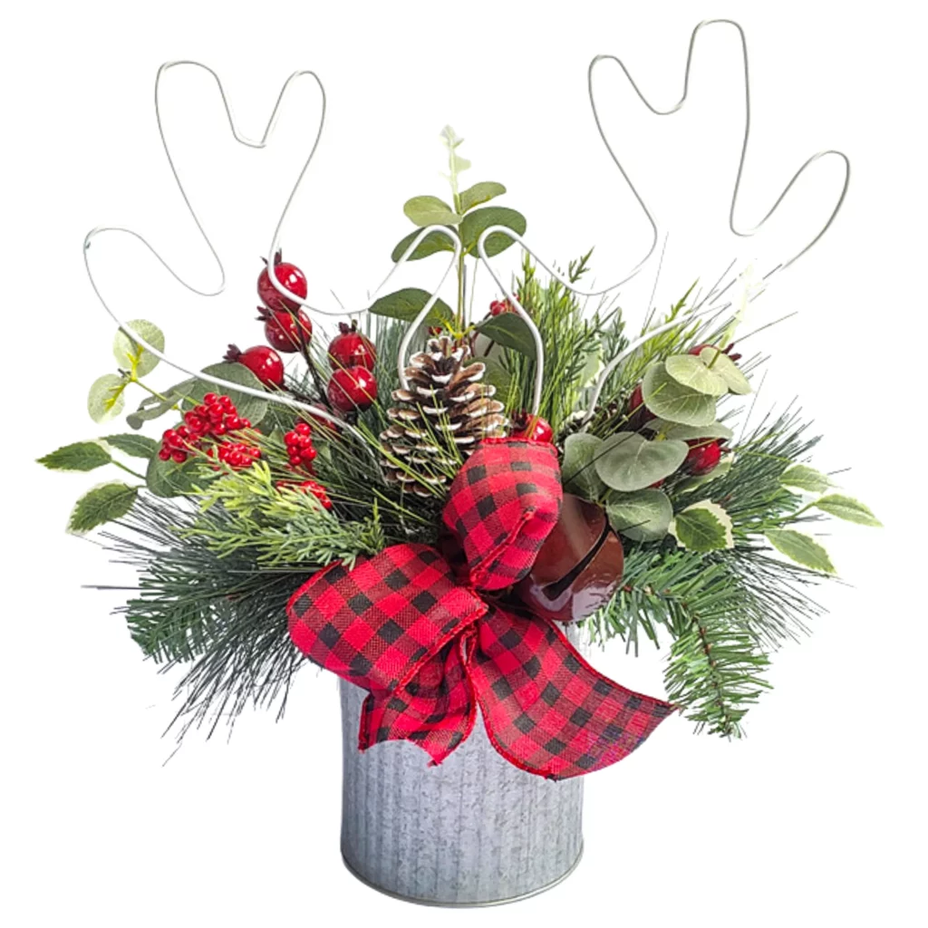 39cm Artificial Antler Ribbon Tin Pot Christmas Decor 25STP255002