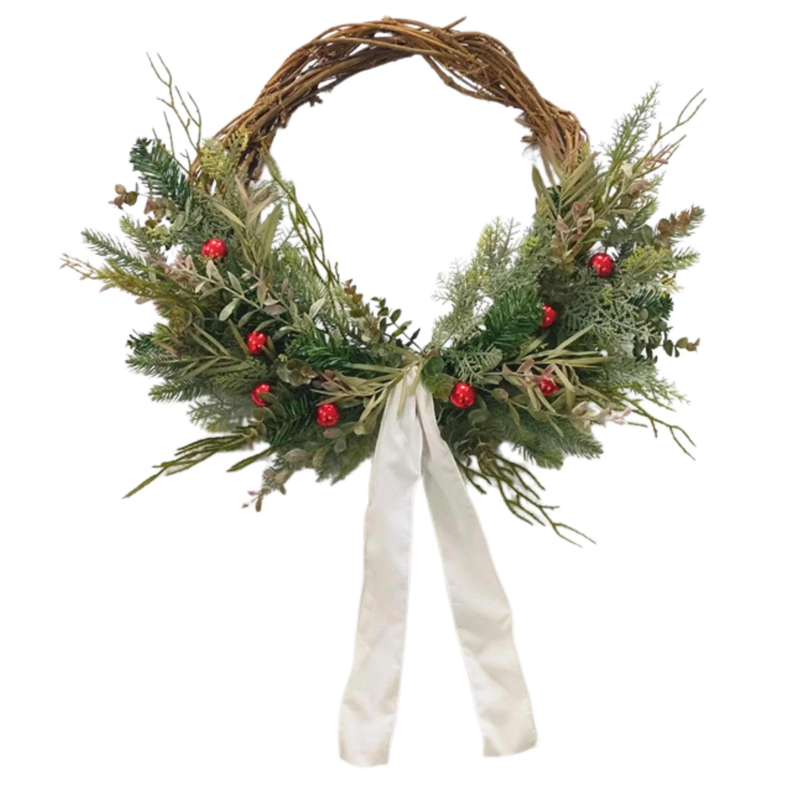 61cm Artificial Red Ornament & Ribbon Christmas Wreath 25STW255014