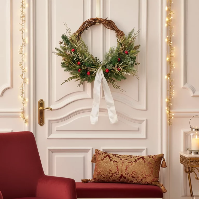 61cm Artificial Red Ornament & Ribbon Christmas Wreath 25STW255014 scene