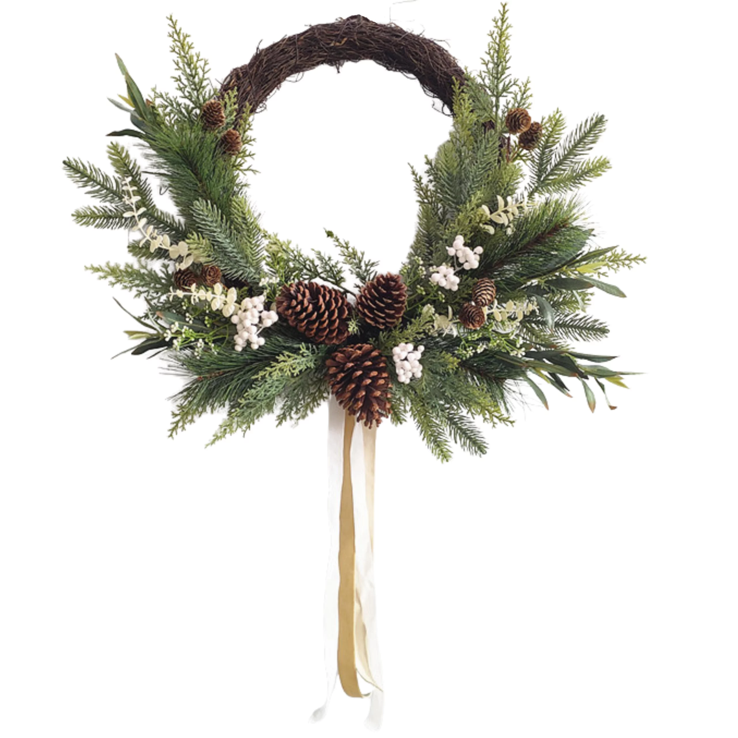 61cm Artificial White Berry, Pine Cone & Ribbon Christmas Wreath