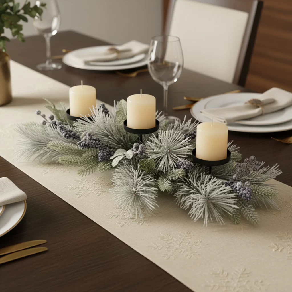 76cm Artificial Snowy Berry Triple Candle Centerpiece 25STZ255050 scene