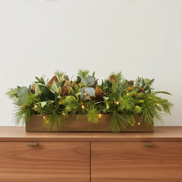 81cm Artificial Eucalyptus & Pine Cone Wooden Box Decor with Lights 25STP255005 scene